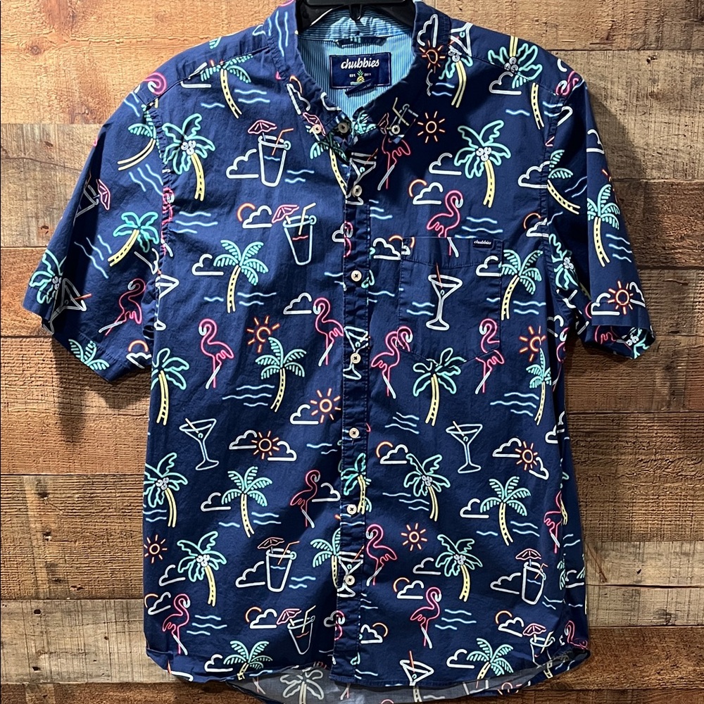 Chubbies Men's Navy "Neon Lights" Tropical Cocktail Shirt size XL